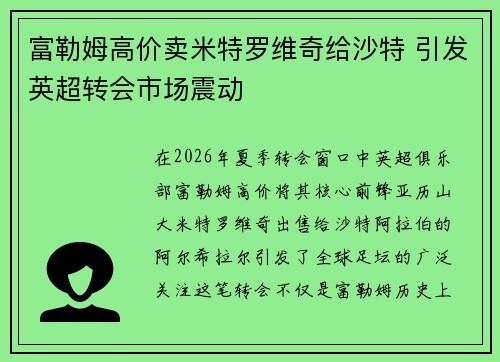 富勒姆高价卖米特罗维奇给沙特 引发英超转会市场震动 富勒姆高价卖米特罗维奇给沙特 引发英超转会市场震动